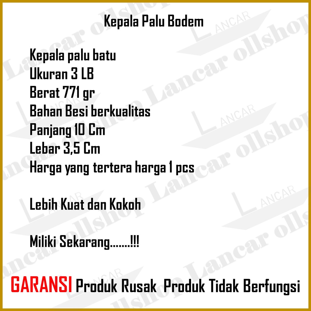 Palu Besi Kepala Bodem Bogem Godam Batu Tanpa Gagang Kayu Fiber 3 Lb Murah