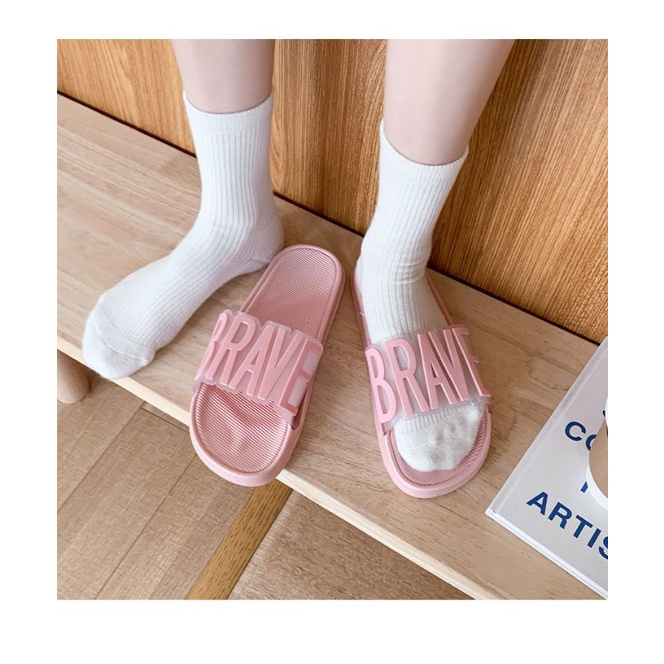 IDEALIFESHOES TOKO SANDAL WANITA IMPORT TERBARU MODEL SLIP ON BERTULISAN BRAVE  WARNA PINK DAN PUTIH BAHAN PVC KARET ANTI SLIP