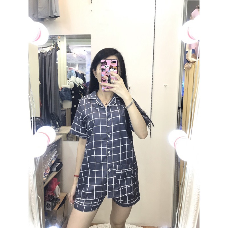 piyama/pajamas kotak&quot; HP katun abu murah.homewear/sleepwear/bajutidur cwe PP tartan grey kekinian