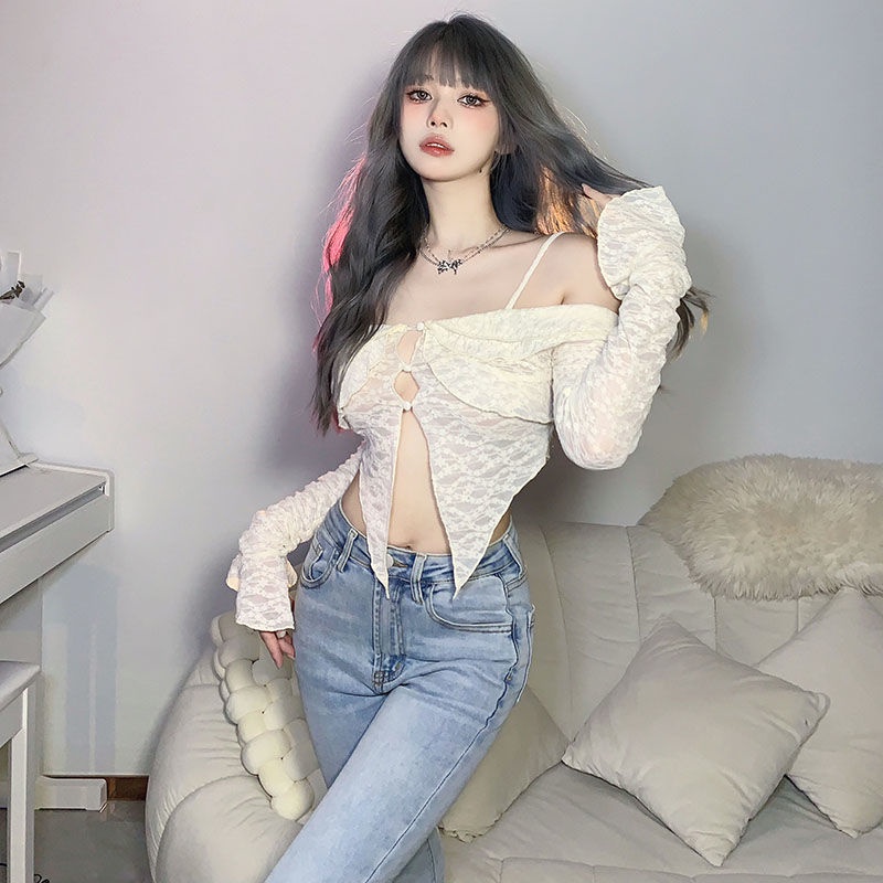 Prove kekinian atasan crop top French pure desire girl niche thin suspender T-shirt female ins net red chic hollow top summer baju import kaos wanita korean style