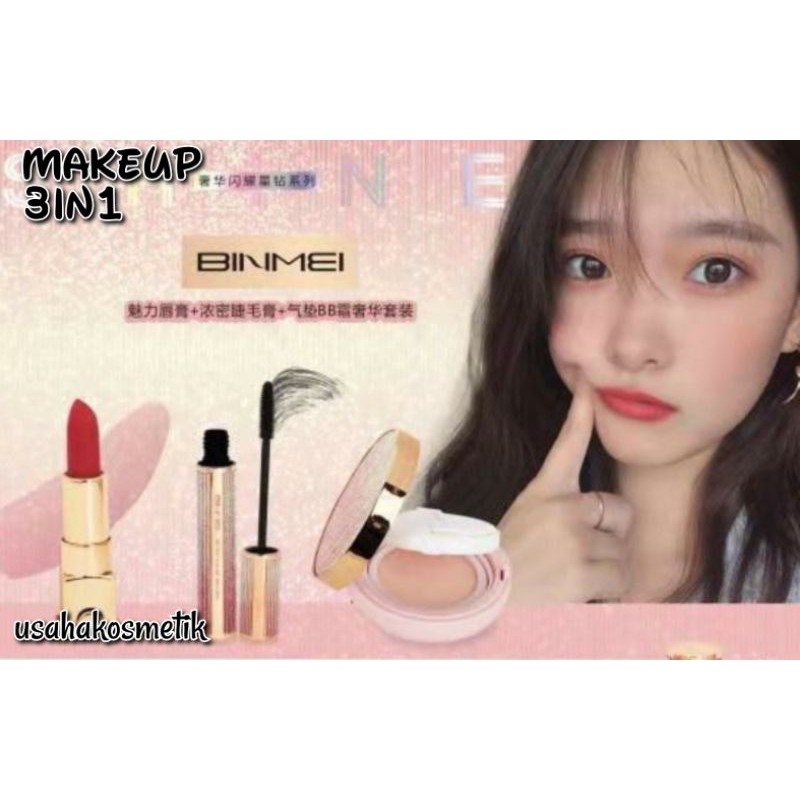 PROMO PAKET MAKE UP BINMEI 3IN1 SET SHINE/make up cushion+lipstik+mascara NO.8264 | 8277