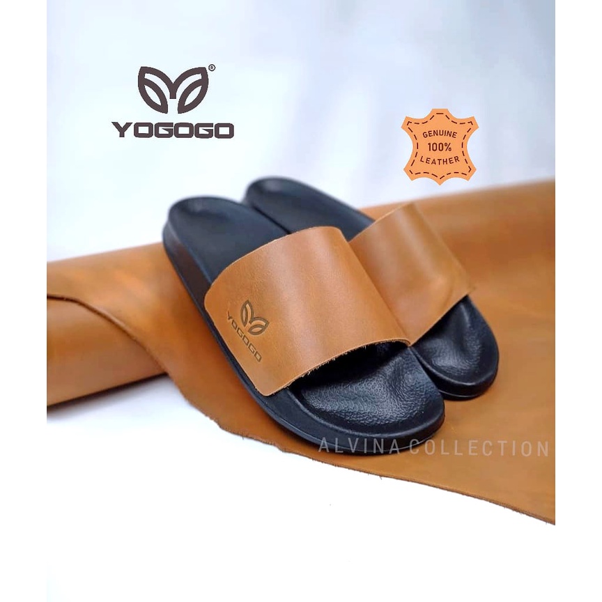 Sandal Slide/Sendal Slop Flip Flop Upper Kulit Asli Sole Phylon Empuk dan Ringan