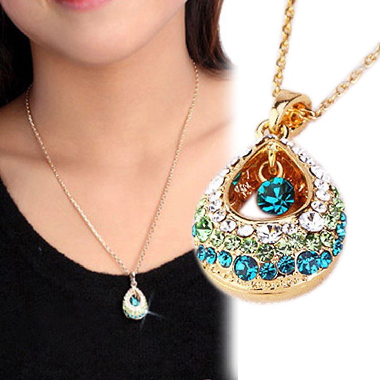 Indian Princess Hollow Multi Rhinestone Teardrop Pendant Chain Necklace Jewelry