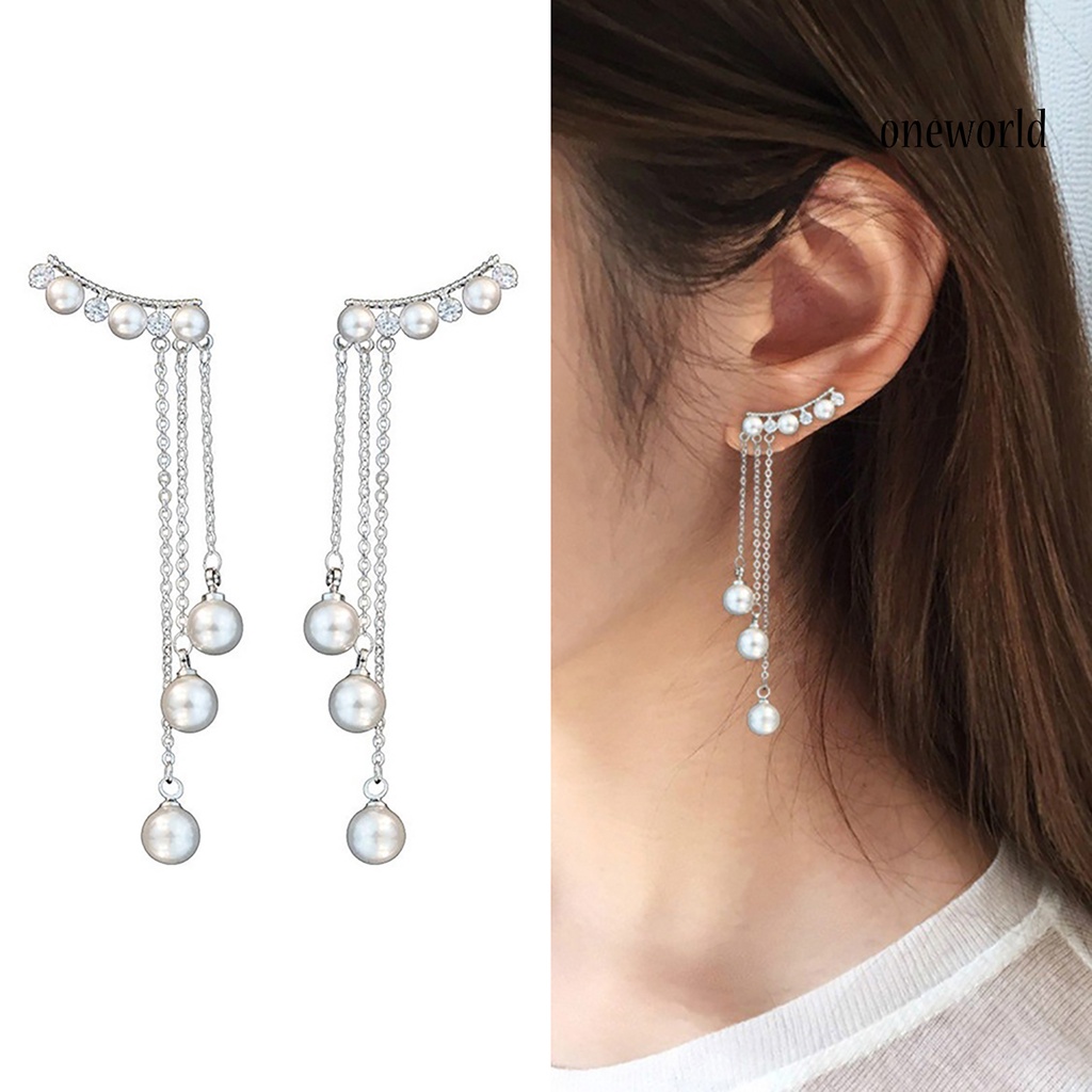 OW@ Earrings Environmental Friendly Elegant Long Style Women Tassel Faux Pearls Earrings for Wedding