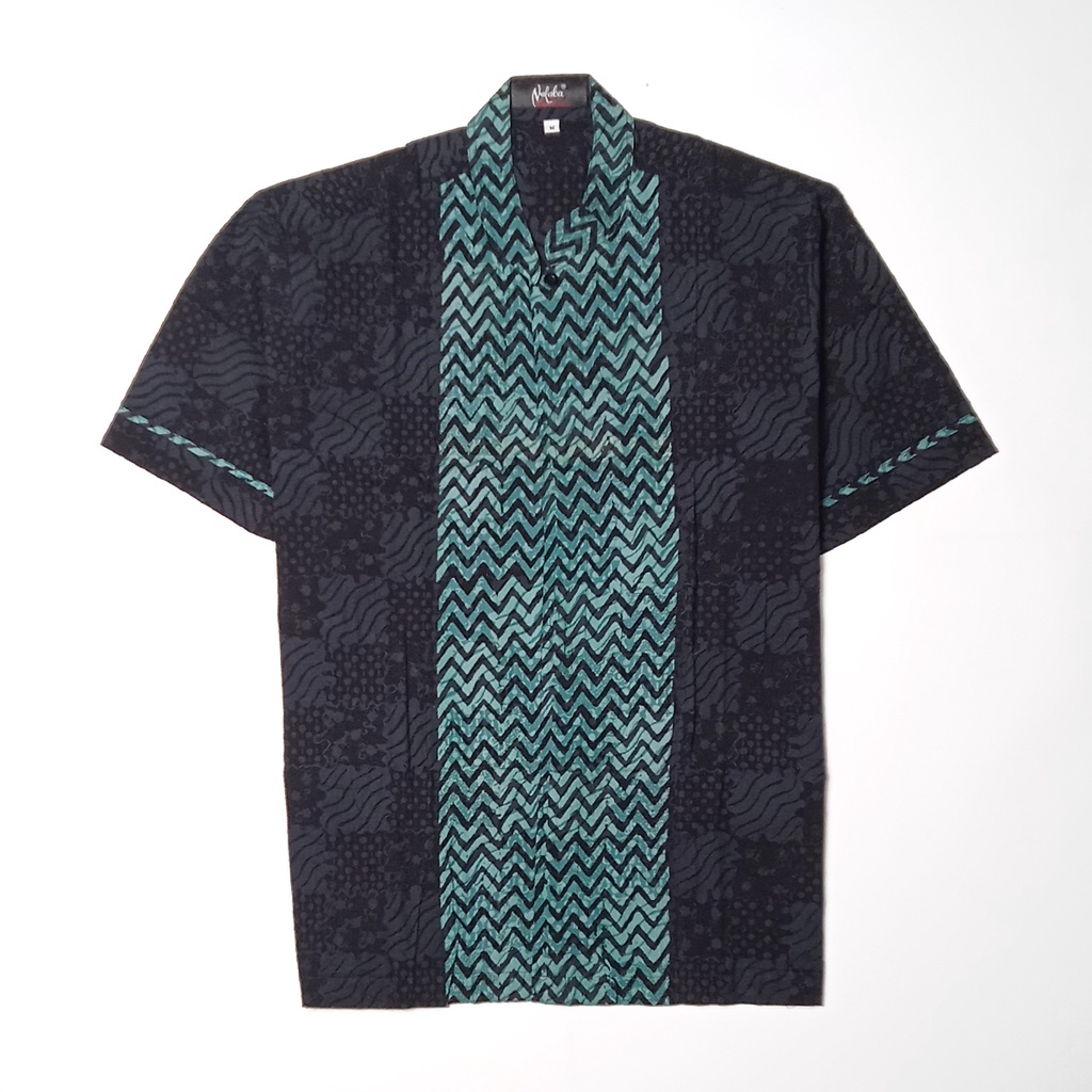 Kemeja Baju Batik Pria Lengan Pendek Cap Hitam Tosca Muda