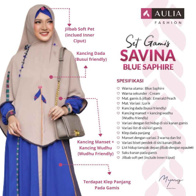 AULIA FASHION Set Gamis SAVINA BLUE SAPHIRE Busana Muslim Branded Original Bahan Emerald Peach Varia