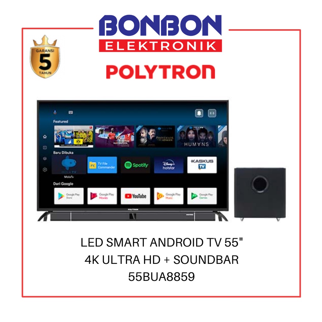 Polytron LED TV 55 Inch 55BUA8859 Smart Android 4K Ultra HD Soundbar