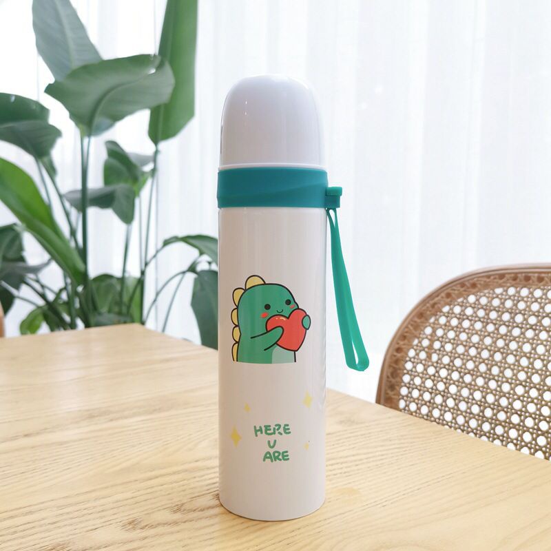 Botol Minum Tahan Panas H/C 8 jam++ Vacuum Flask 500ml Motif Kartun Dino Lucu + Bubble