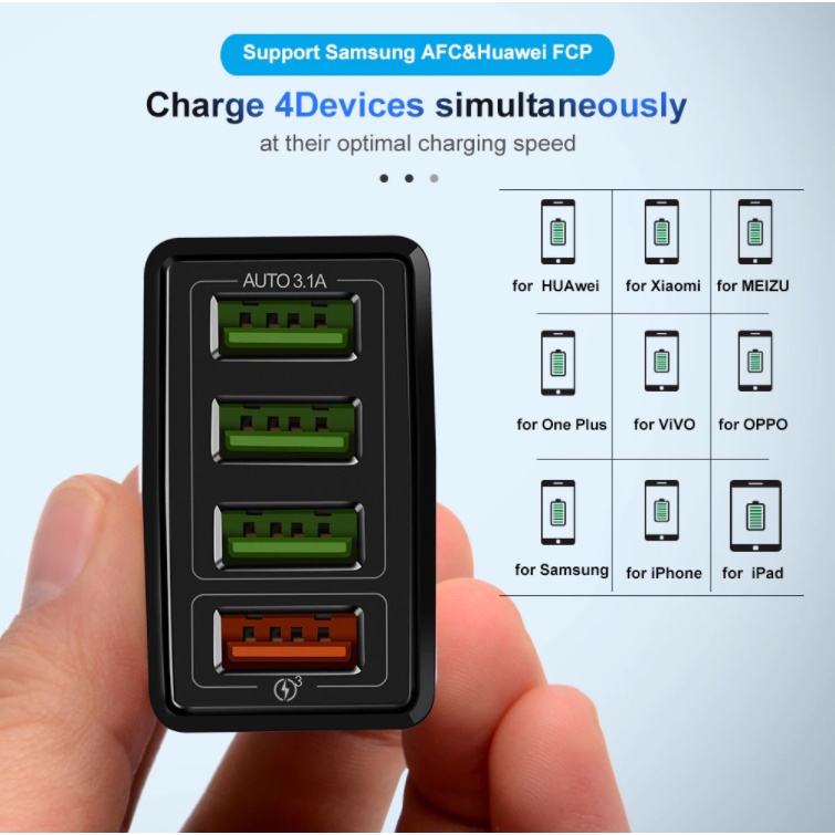 [COD] Adaptor Charger 4 port Fast Charging Qualcom Quick Charger 3.0