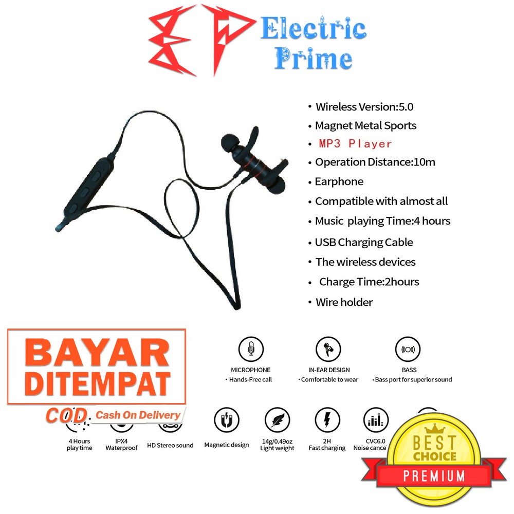 Earphone Wireless Handsfree Sport Bluetooth Earhook Headset Mic MP3 Player Metal Magnetik