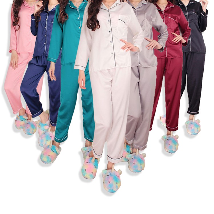 LP SATIN  Sleepwear BAJU  TIDUR  PIYAMA LENGAN WANITA DEWASA 