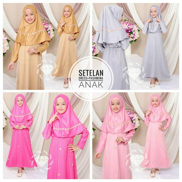 Setelan Gamis Pashmina Pakaian Anak Perempuan Cewek Warna Pink Usia 7 8 9 10 Tahun