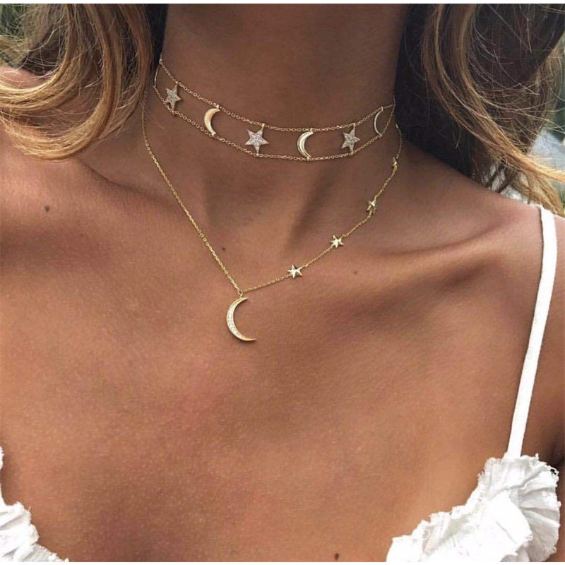 Set Kalung Rantai Klavikula Multilayer Dengan Liontin Bulan Bintang Aksen Berlian Imitasi Untuk Wanita