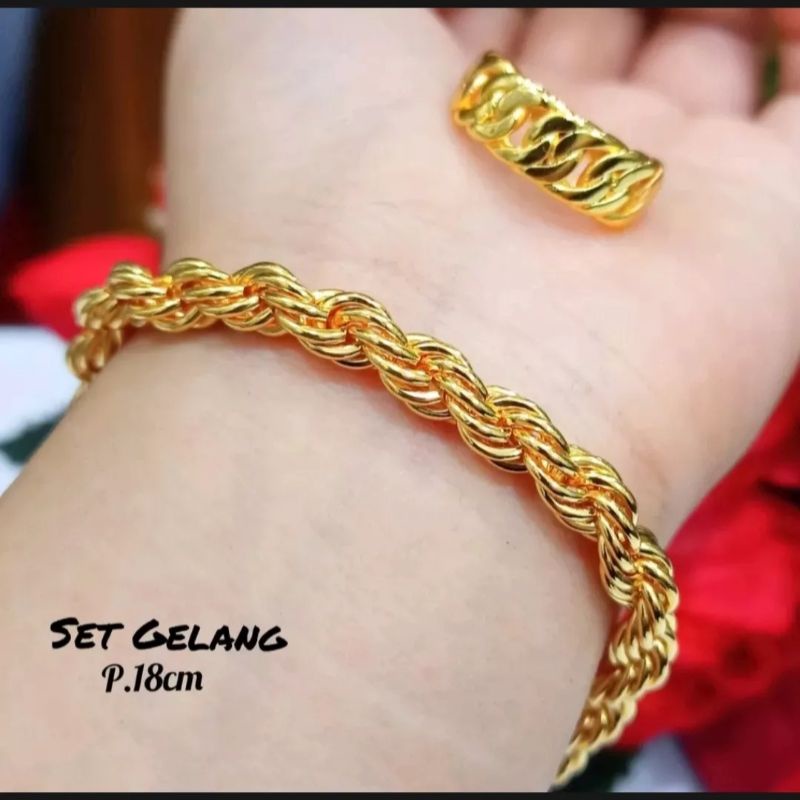 cod gelang tangan tambang bonus cincin rantai berlapis emas 24k asli