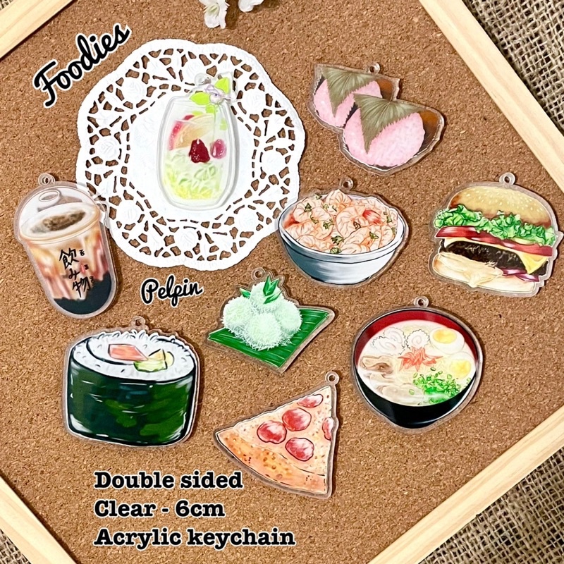 gantungan kunci original design foodies 6cm bening 2 sisi clear sushi ramen boba kelepon burger