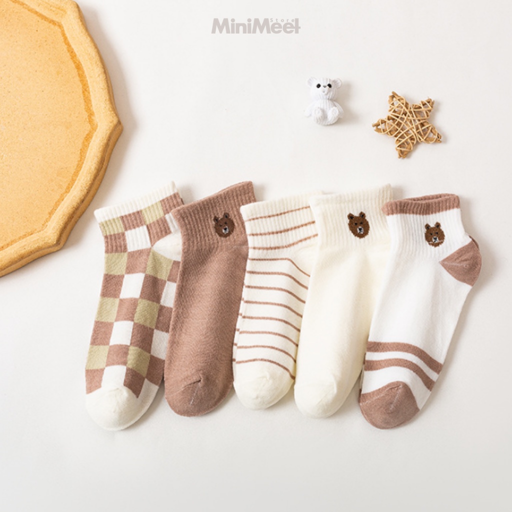 Kaos Kaki Brown Fashion Pendek Semata Kaki / Kaus Kaki Sport Modis Teddy Bear Brown Short Ankle Cute Socks / Kaos Kaki Motif Polos Kotak Garis Sporty-1