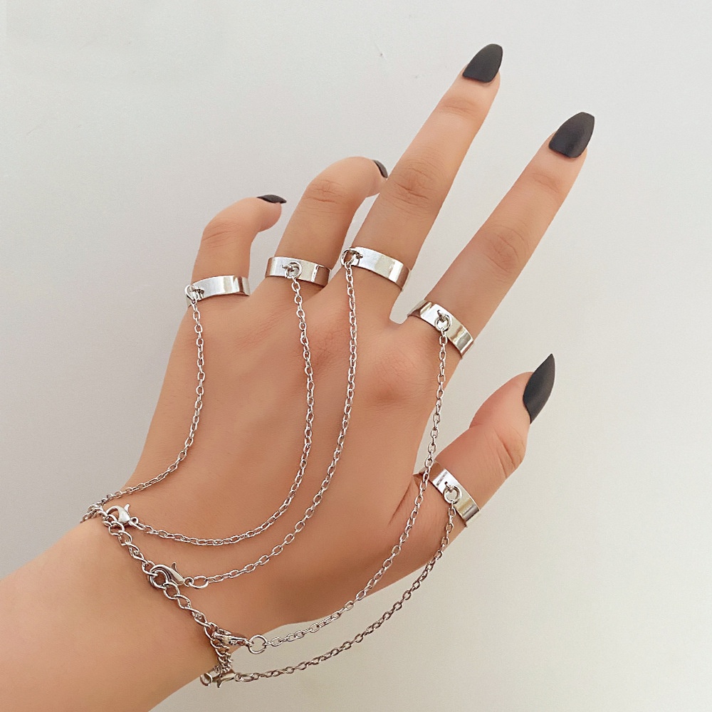 Gelang Cincin Kombinasi Rantai Perak Punk Untuk Pasangan Vintage Multi-layer Adjustable Chain Open Finger Rings