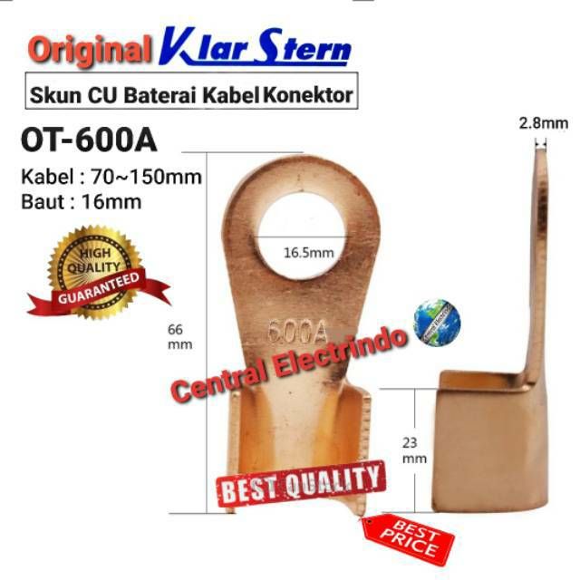 Skun Kabel CU KlarStern OT-600A Kabel 70~150mm Baut 16mm Baterai Kabel Konektor.