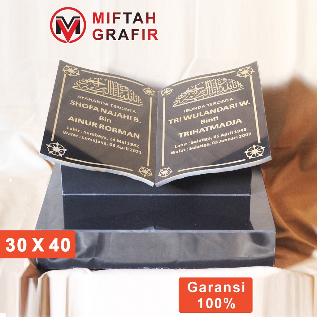 Batu Nisan Makam Maesan Kuburan Granit Model Bentuk Buku 2 Dua Nama Dan + Dudukan Kijing Hitam A29 F