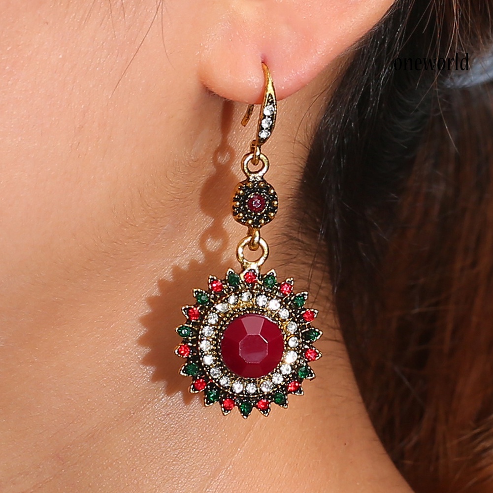 OW# Fashion Wild Personality Exaggerated Round Shape Sun Flower Faux Ruby Earrings