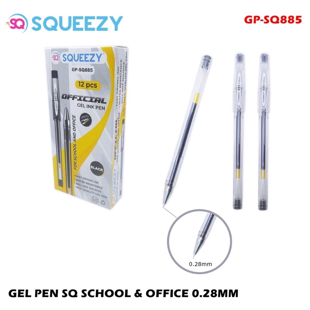 Jual Pulpen Gel Ink Pen 0.28 mm SQUEEZY SQ885 Hi Tech 1 lusin ( 12