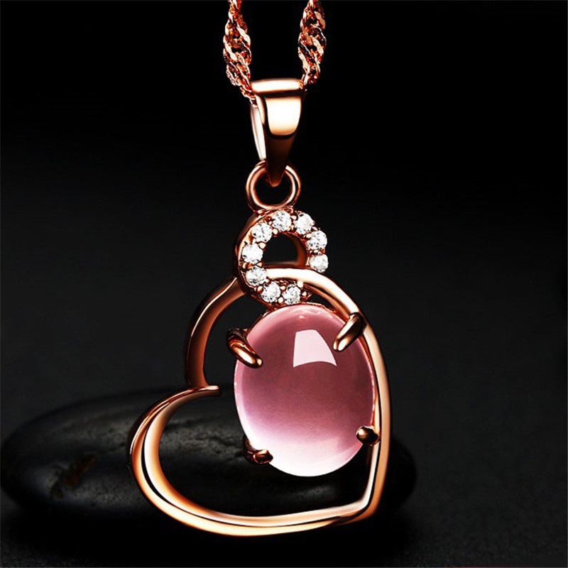 [Ready Stock]Fashion Silver Plated Love Heart Pink Crystal Pendant Necklace