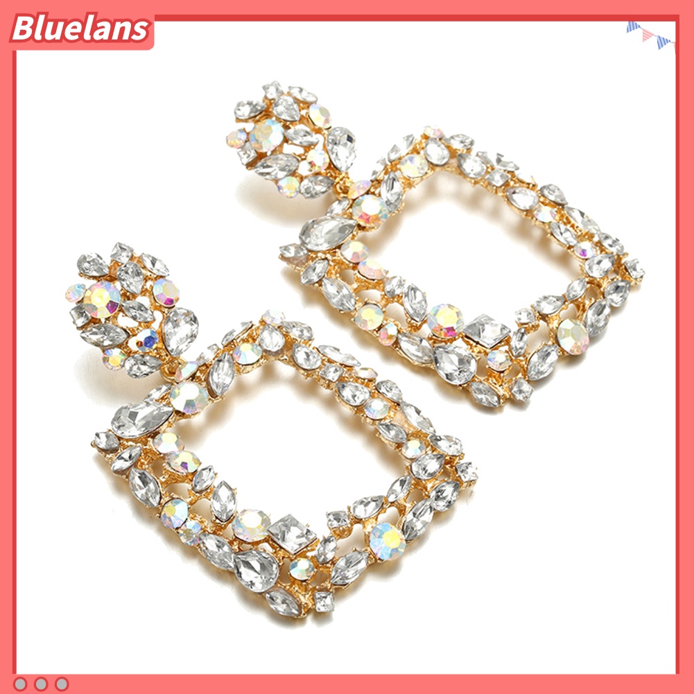 Bluelans Bohemia Women Colorful Rhinestone Hollow Square Charm Statement Stud Earrings