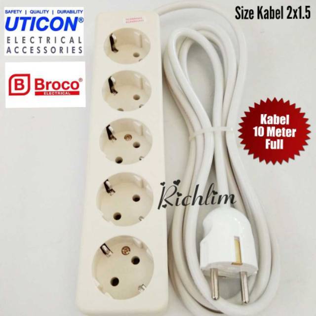 Stop Kontak/Colokan Listrik 5 Lubang Uticon+Steker Arde Broco+Kabel serabut 2x1.5