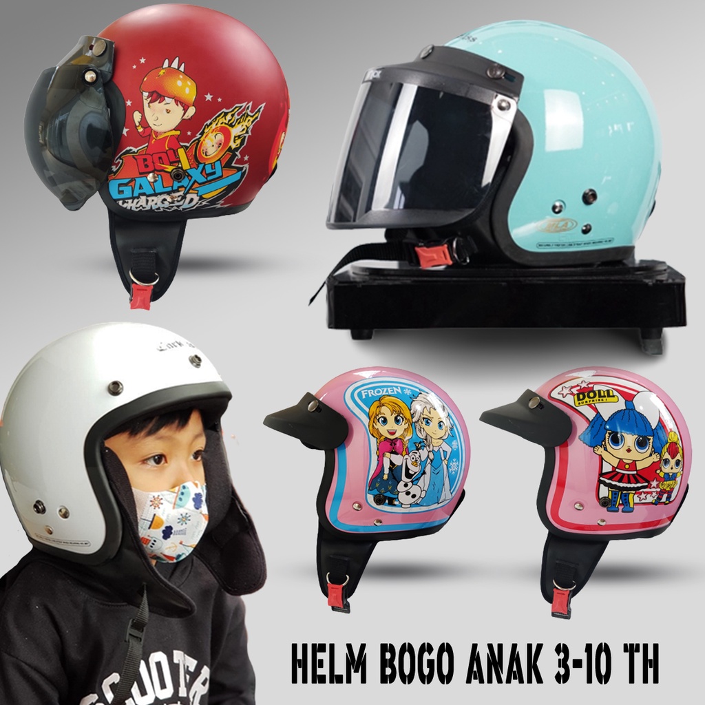 Helm Bogo Anak Junior Polos Motif Kaca Datar Injak Hitam SNI Untuk Anak Usia 3-10 Tahun Free Packing DUs