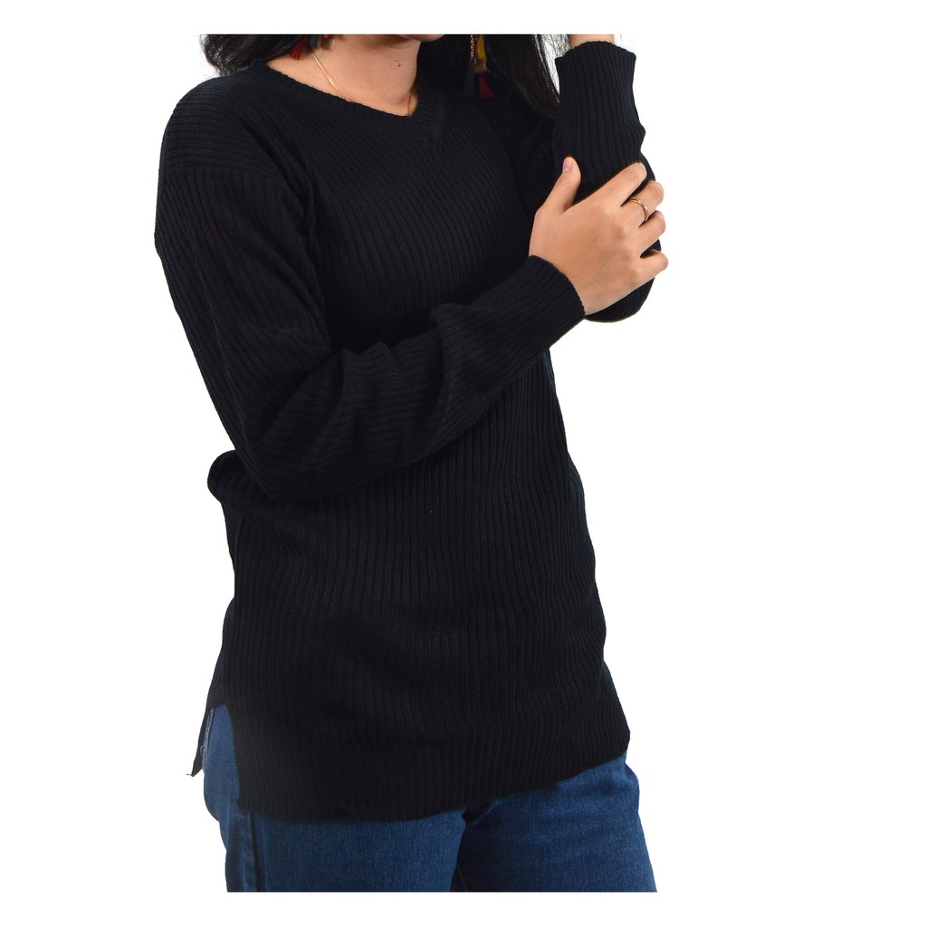 VIONA - QIYA SWEATER - VNECK BOXY RAJUT SWEATER-HITAM
