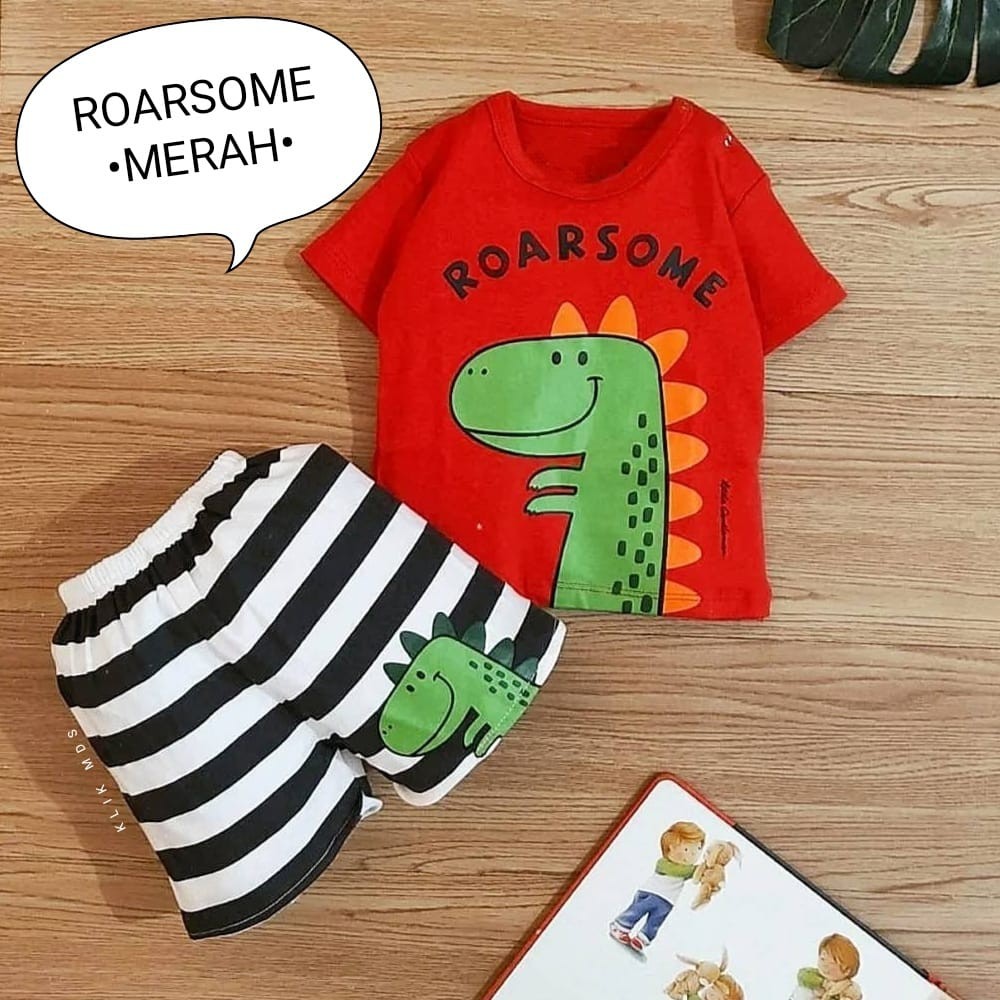 Klik Mds Setelan Baju Anak Bayi Laki-laki Atasan Dan Celana Motif Karakter Roar Some Dino / 1 Ukuran