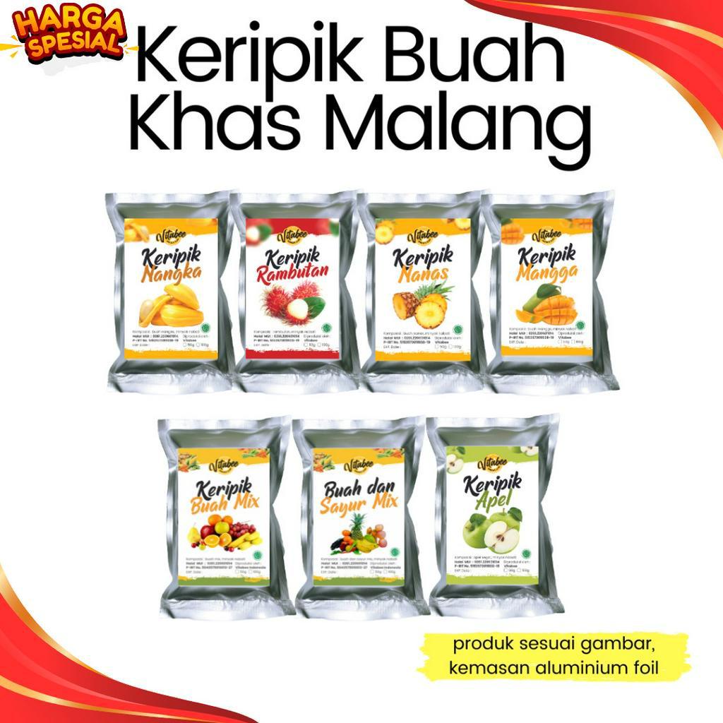 

PROMO TERMURAH Keripik Kripik Buah Nangka Apel Salak Nanas Mangga Rambutan 5 gram Vitabee Khas Kota Malang Garansi Renyah BISA COD