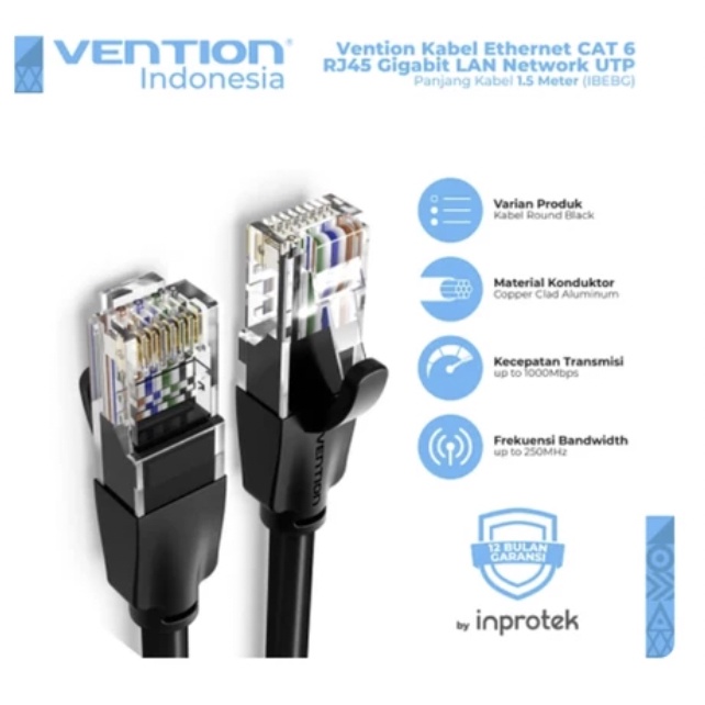 [1.5M] Vention Kabel LAN 1,5M Cat6 UTP Gigabit Ethernet RJ45 Black Hitam