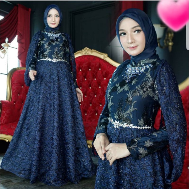 Gaun Pesta Mewah Gamis Muslimah Navy Luxury Casual Party Dress