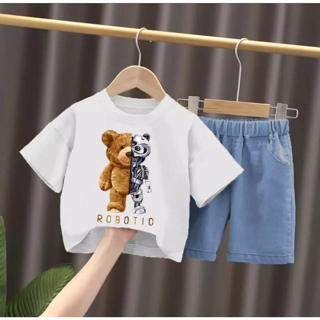 Setelan baju celana denim bayi anak motif teddy bear robotic usia 6 bulan-5 tahun bahan katun trendy terbaru termurah/Setelan baju celana denim bayi anak laki laki/ Setelan baju celana denim bayi anak cowok/ Setelan baju celana denim bayi anak perempuan