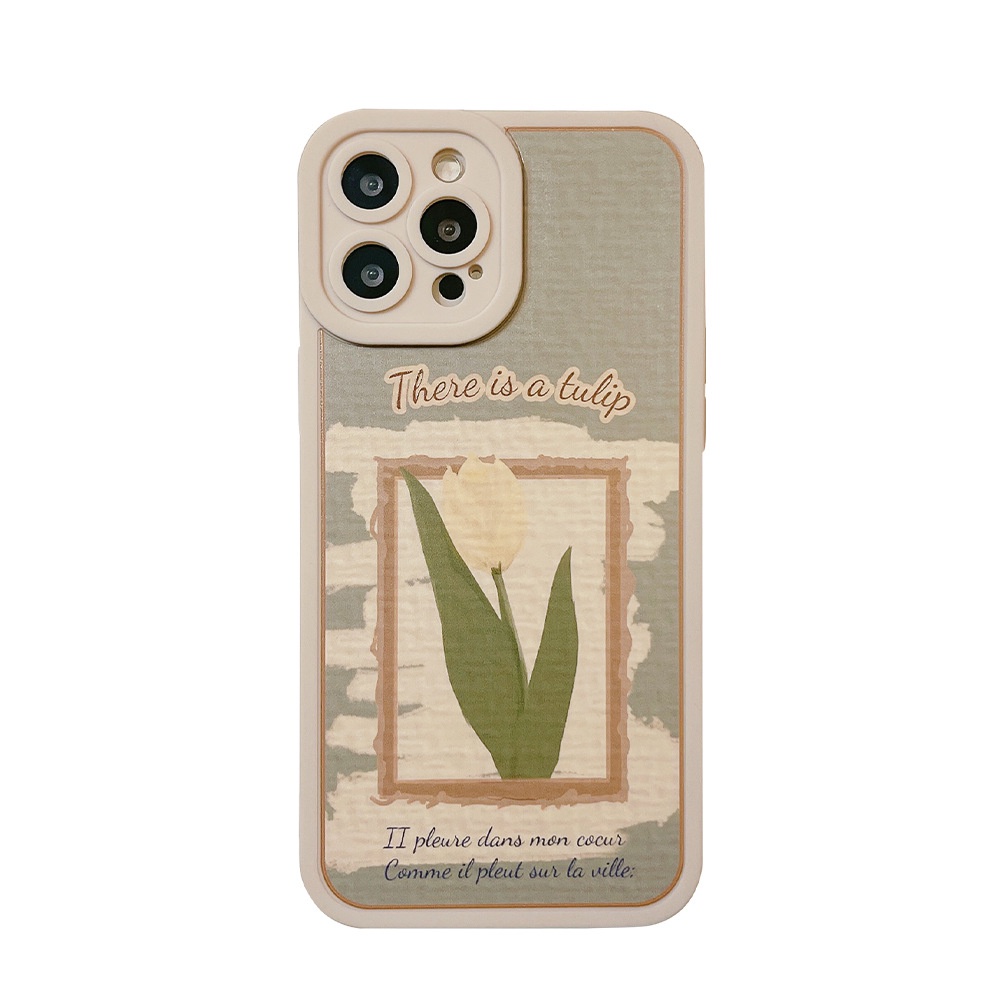 IPHONE Soft Case Handphone Bingkai Foto Tulip Putih Vintage Untuk Iphone7 8 PLUS X XR XS 11 12 13 14 MINI PRO MAX SE 2020 Cover