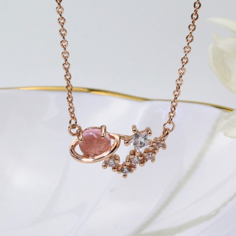 Kalung Liontin Necklace Pink Crystal Planet Pendant Necklaces Women Simple Cute Jewelry Gifts