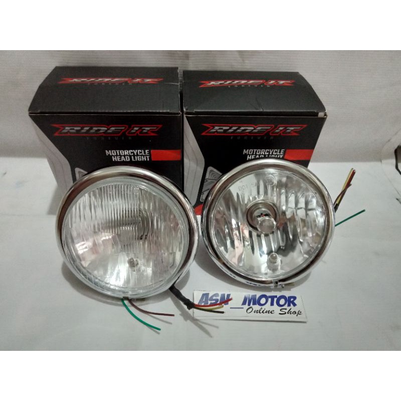 Lampu CB Pesek Jute 5,7 in  Headlamp Batok Polos Crhome kaca Putih dan Outo pal  Reflektor RX King Megapro