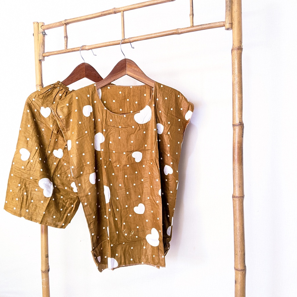 Baju Tidur Tanpa Lengan Piyama Krill Setelan Midi Homewear Homey Dress Baby Doll Dewasa Nyaman Di Rumah Santai WFH Rayon One Set Pajamas-love brown