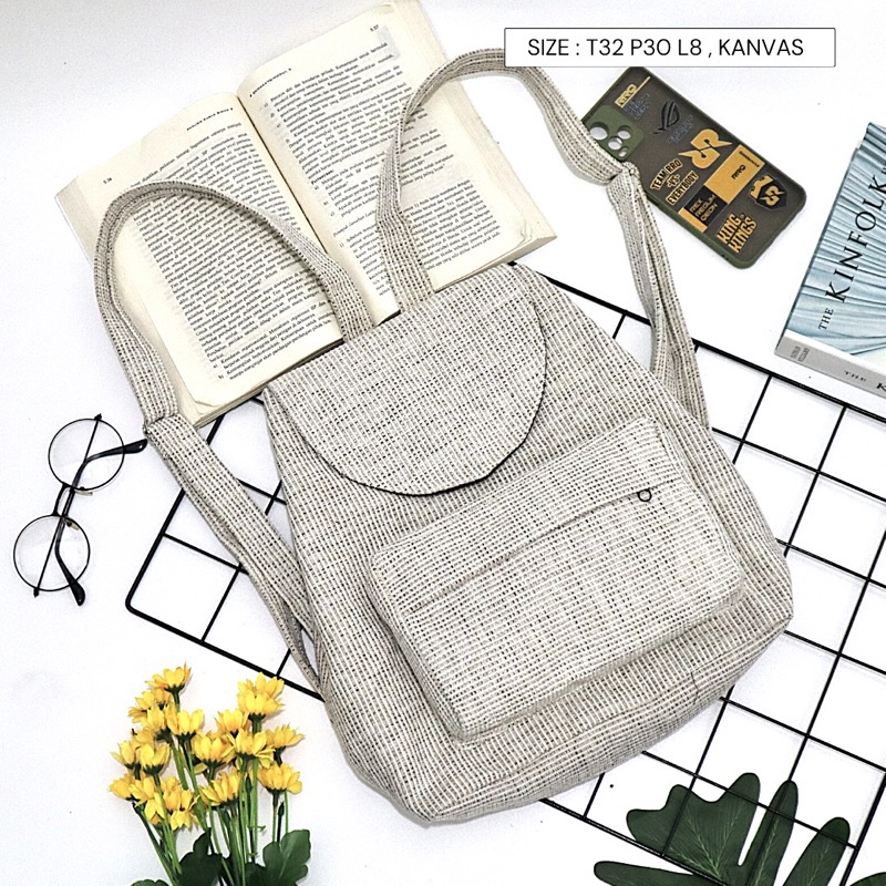 Bayar di Tempat COD Tas Ransel Serut Bahan Kanvas KANTONG Depan Ukuran Medium tas punggung wanita-Warna 697