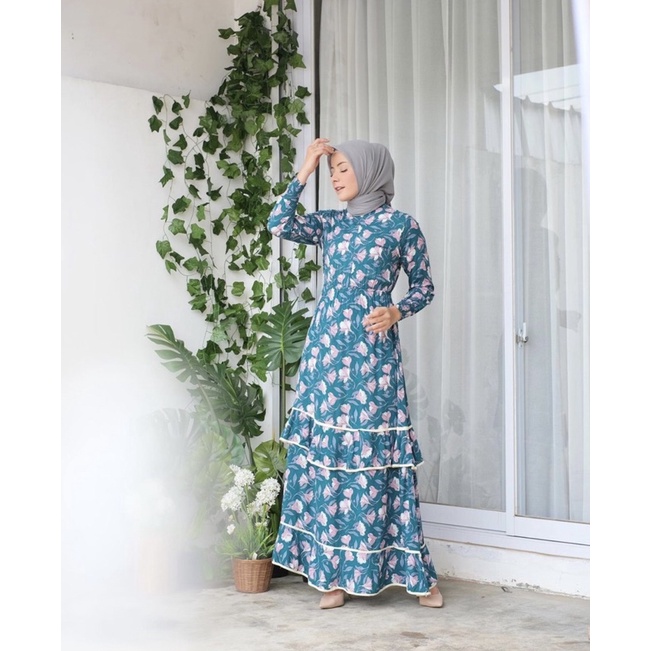 Ounadoutfit Tulip dress wanita cantik turtleneck busui rample / dress muslim motif / baju rayon busui / homedress bunga