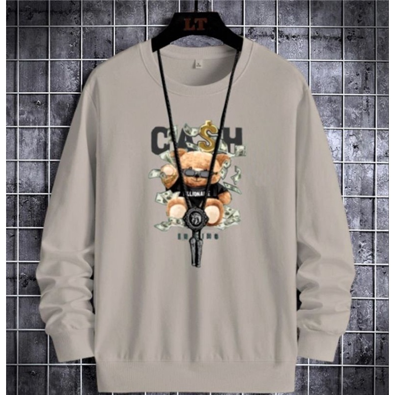 Sweater Crewneck pria wanita BEAR MONEY CASH terbaru bahan fleece tebal