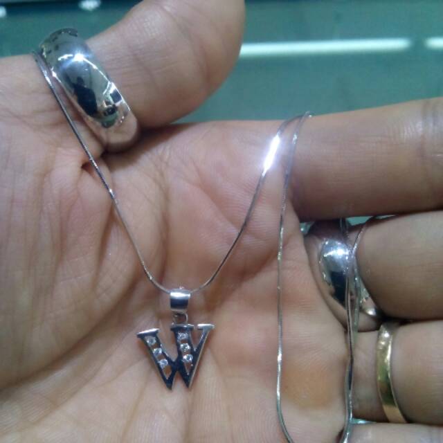 Kalung+Liontin Perak Silver925 Asli Lapis Emas Putih Liontin Huruf W