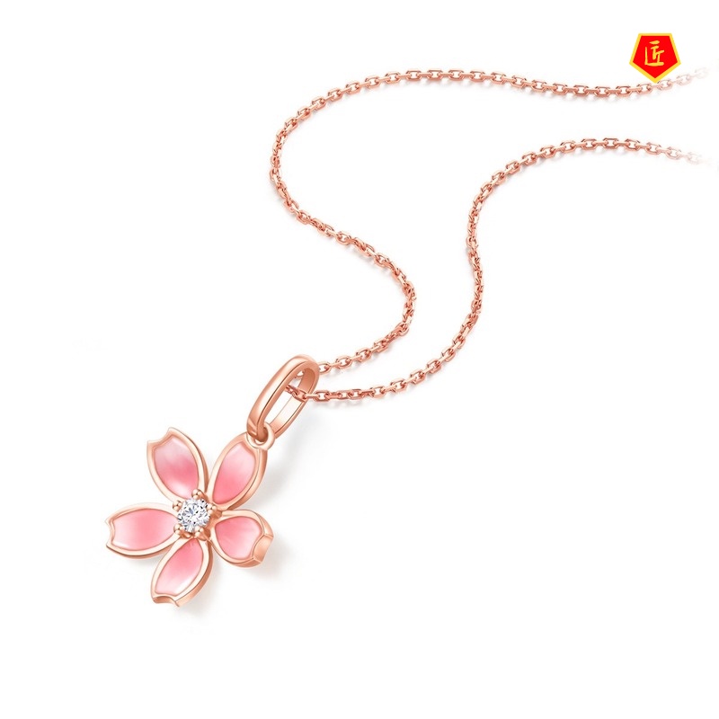 [Ready Stock]18K Rose Gold Cherry Blossom Pendant Korean Style Refined Rhinestone