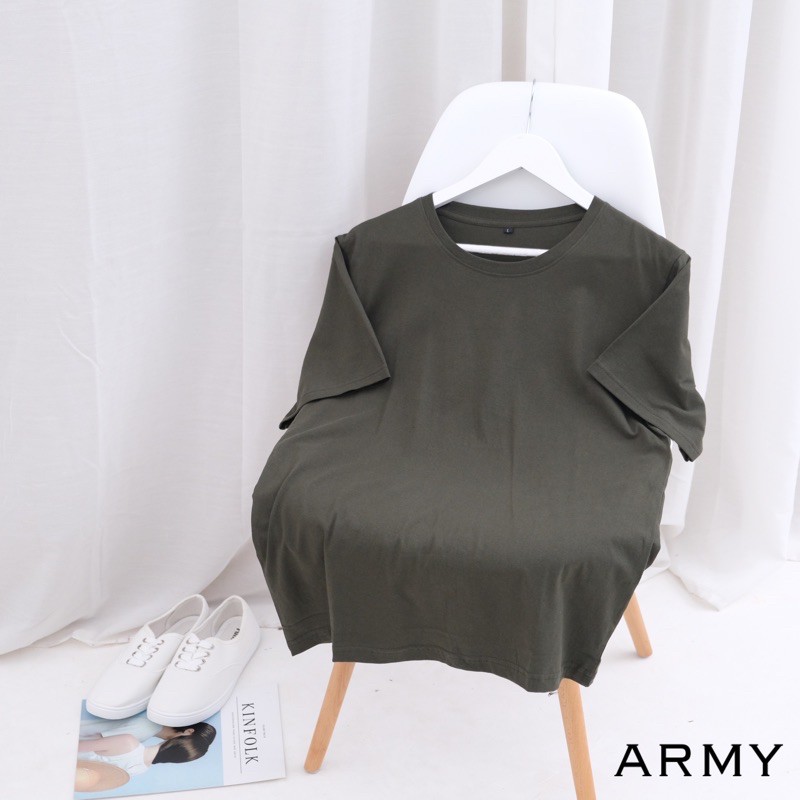 KAOS POLOS A COTTON COMBED 30S BASIC TEE KATUN UNISEX MURAH O NECK OBLONG GROSIR ABG CASUAL DISTRO-ARMY