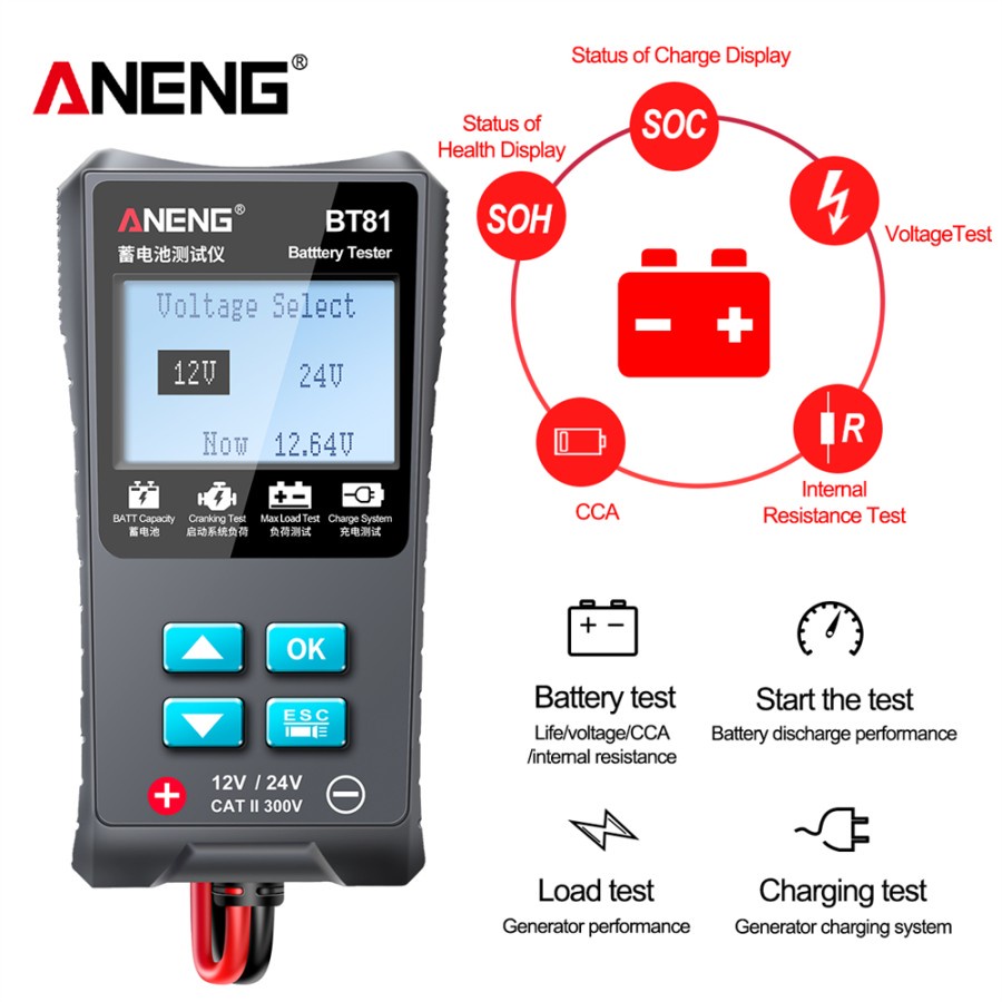 ANENG Tester Baterai Mobil Tester 100 to 1700 CCA 12V/24V - BT81 - Gray