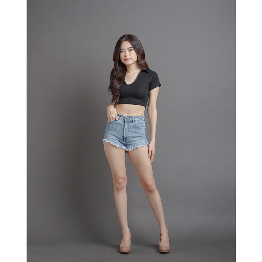 MODAVIE - SHARLENE Crop Top Korea Knit Sexy Korean Style Kaos Kerah Wanita Polo Shirt