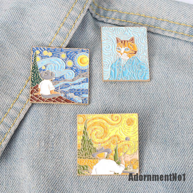 (Adornmentno1) Bros / Pin Bahan Metal Desain Lukisan Van Gogh / Bulan / Bintang Untuk Aksesoris Tas