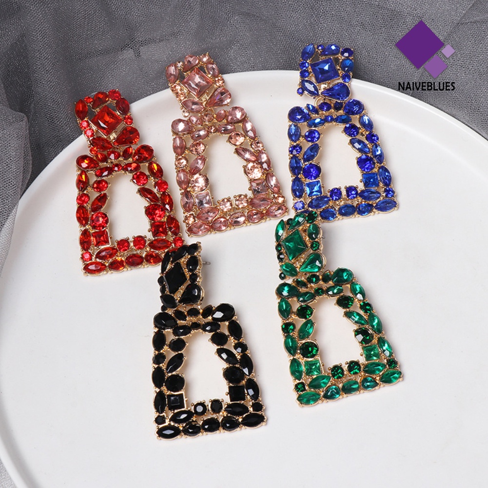 Anting Stud Berlian Imitasi Model Hollow Out Geometris Untuk Wanita