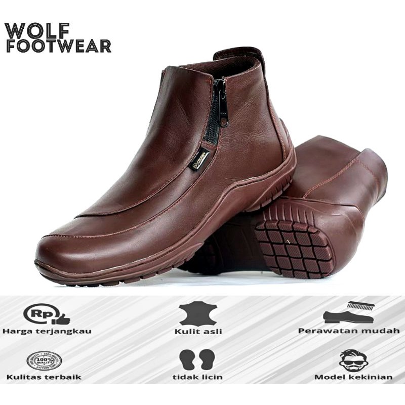 WOLF x CORRA 38 sd 44 Aloof Brozip Sepatu Boots Zipper Pria Sleting Original Kulit Asli